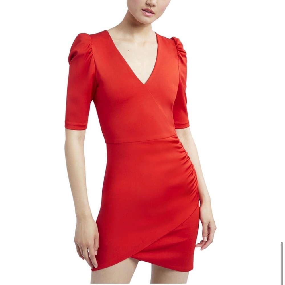 Alice + Olivia Judy Red Puff Sleeve Ruched Mini Dress